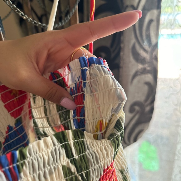 Tory Burch Iris Smocked Floral Midi Dress White Red Blue Size Large Fit & Flare - Picture 8 of 13